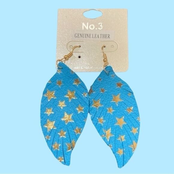 Gold Stars Turquoise Blue Leather Feather Earrings 3.5 Inches - Picture 6 of 6